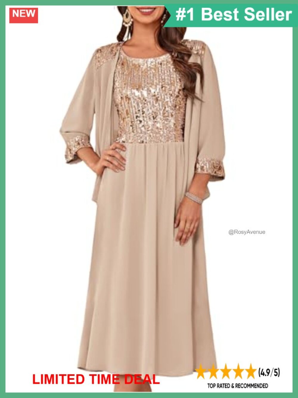 Two-Piece Tea Length Dress with Jacket Sequin Formal Wedding Guest